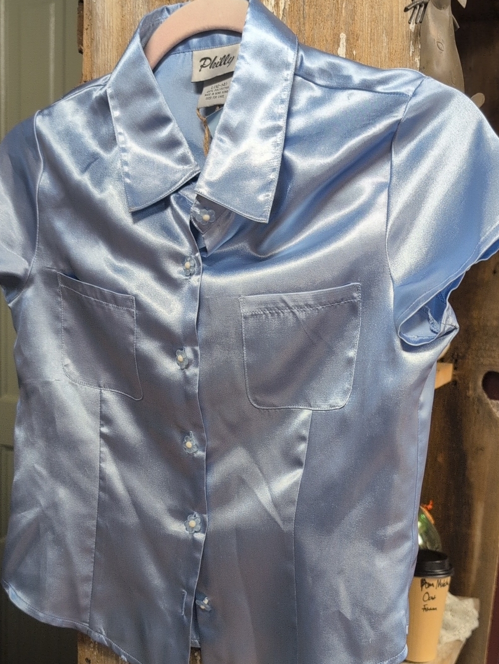 Satin Short-Sleeve Button-Front Shirt - Light Blue